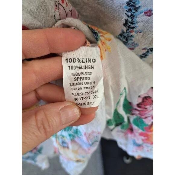 F.K. Italy Linen Floral Button-Up Blouse Mandarin Collar Floral Women XL Summer - Picture 7 of 9